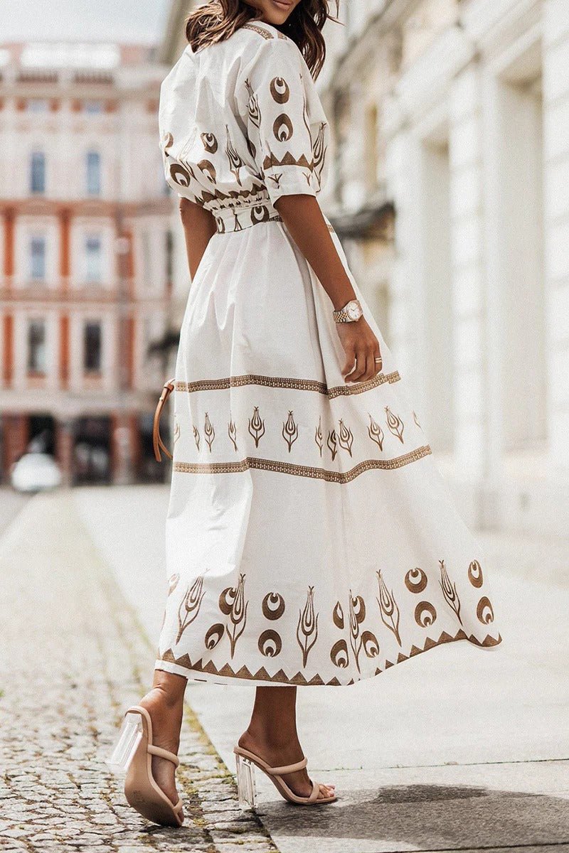 Dames Boho Geometrische Print Midi Jurk met Ceintuur