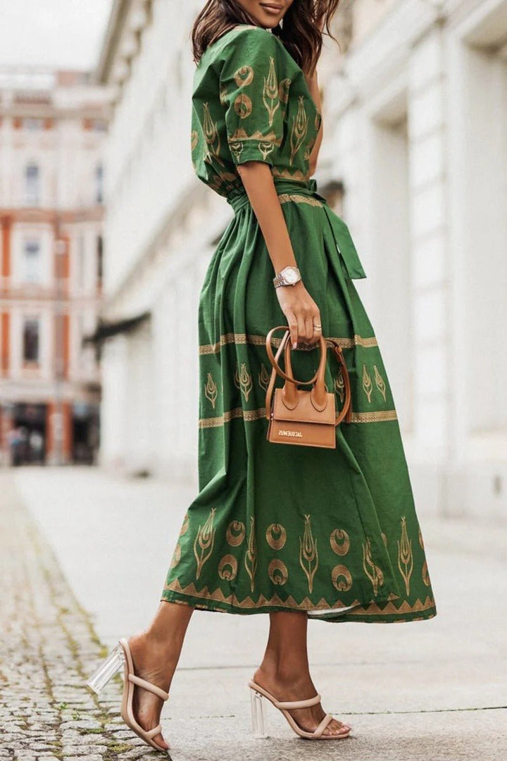 Dames Boho Geometrische Print Midi Jurk met Ceintuur