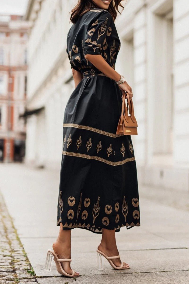 Dames Boho Geometrische Print Midi Jurk met Ceintuur