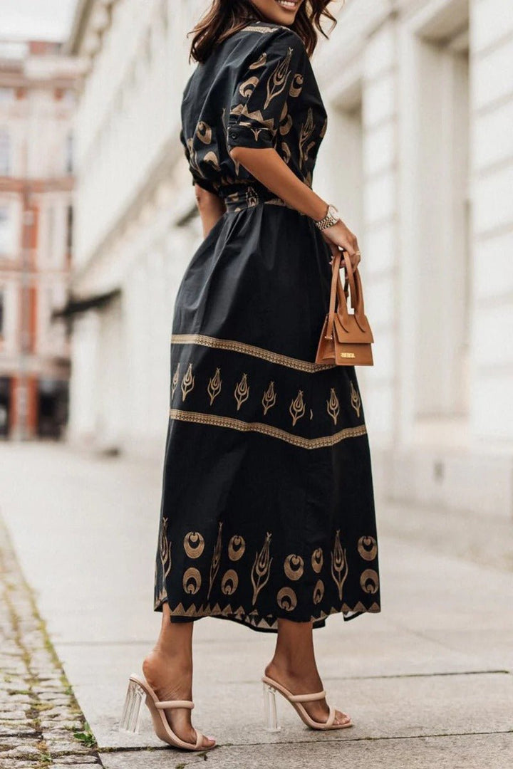 Dames Boho Geometrische Print Midi Jurk met Ceintuur