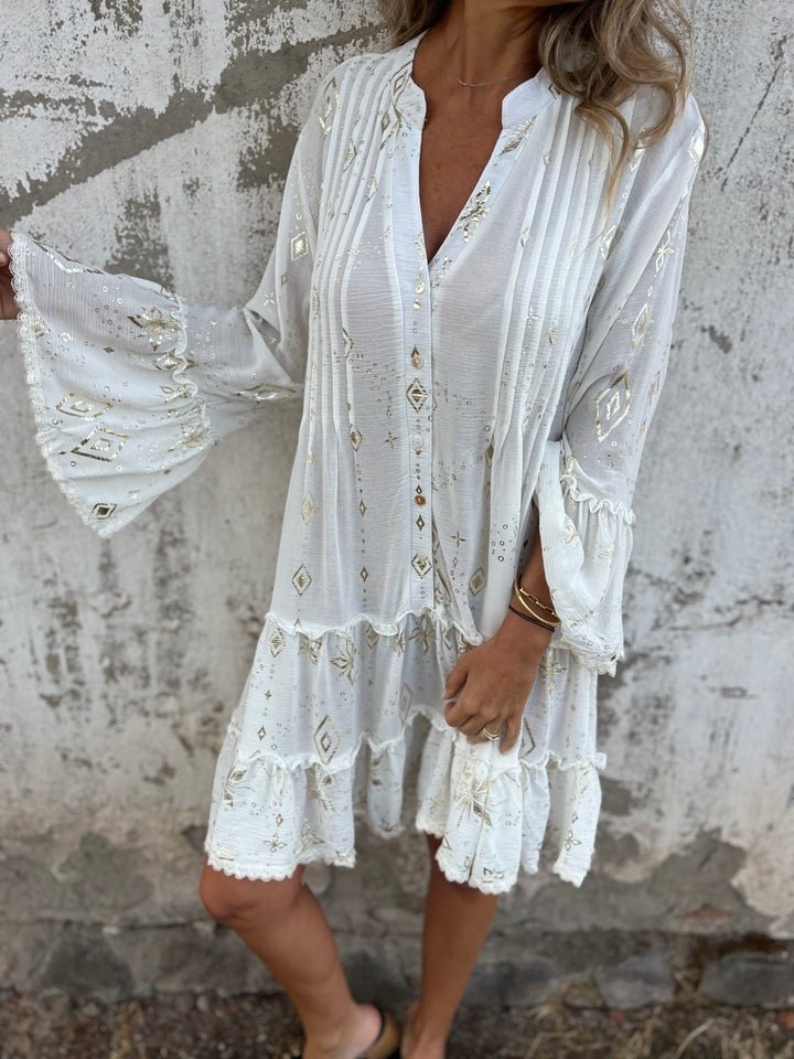 Dames Boho Jurk V-hals Gelaagde Mini-jurk Lange Mouwen - White