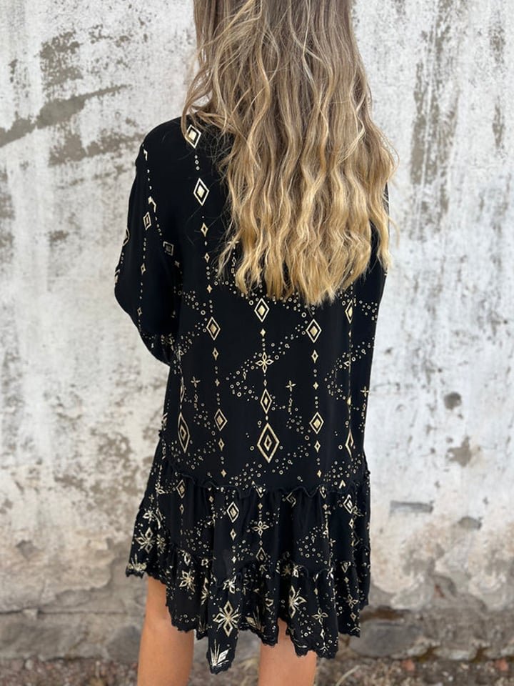 Dames Boho Jurk V-hals Gelaagde Mini-jurk Lange Mouwen