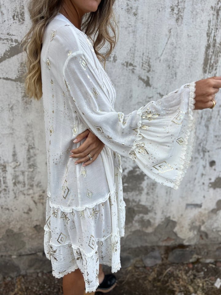 Dames Boho Jurk V-hals Gelaagde Mini-jurk Lange Mouwen