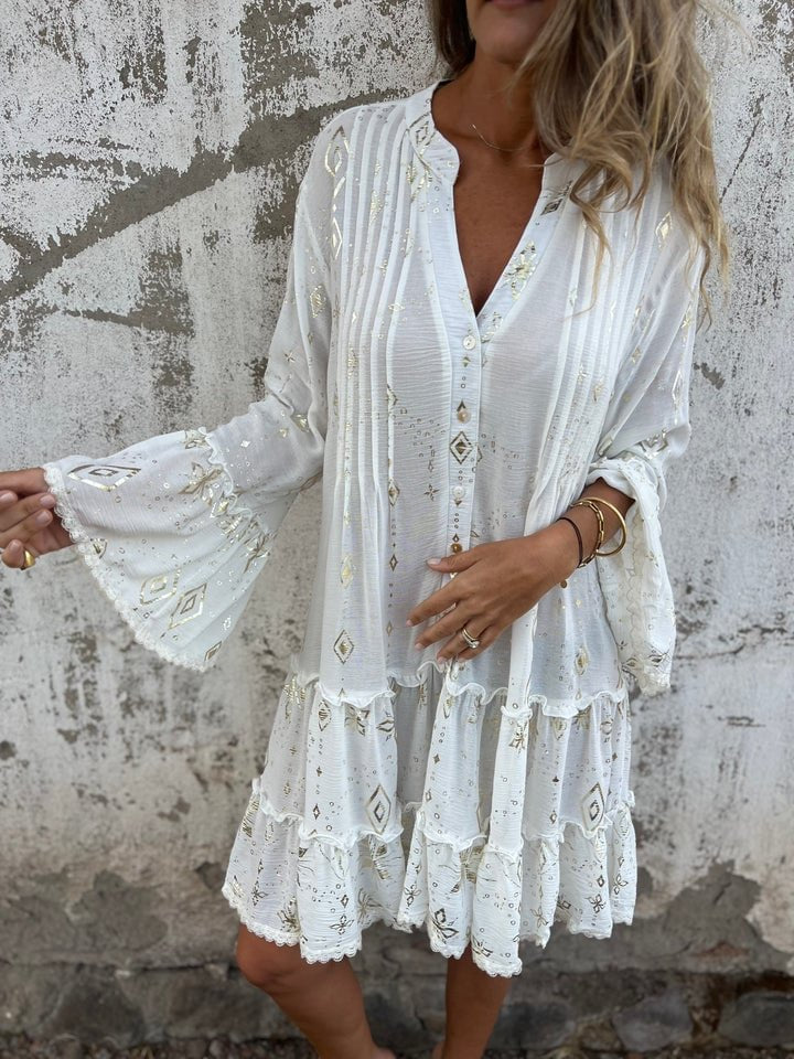 Dames Boho Jurk V-hals Gelaagde Mini-jurk Lange Mouwen