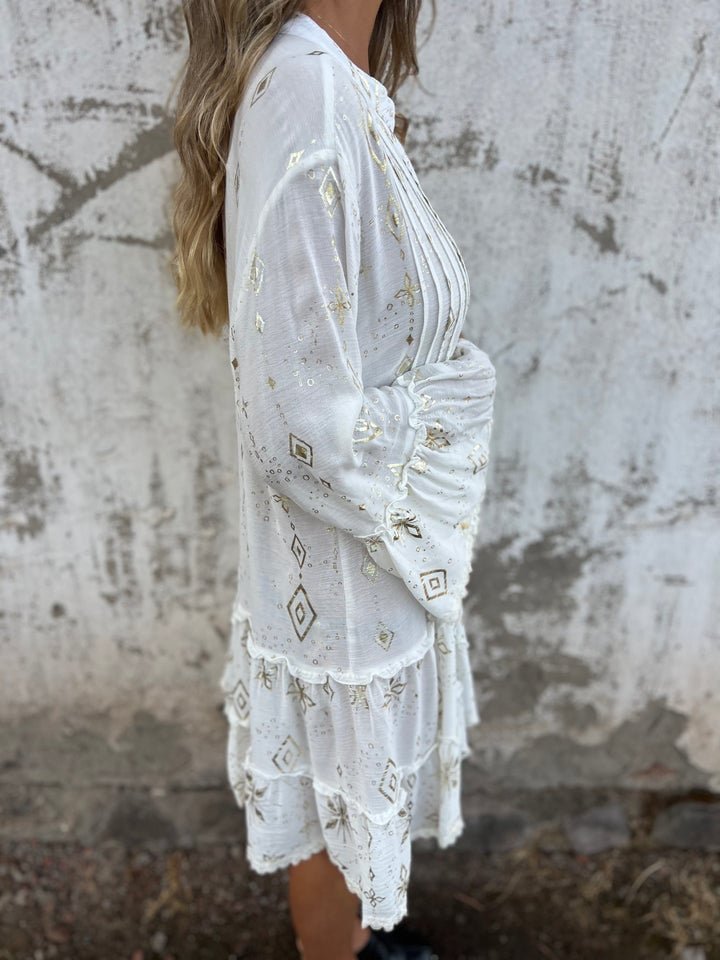 Dames Boho Jurk V-hals Gelaagde Mini-jurk Lange Mouwen