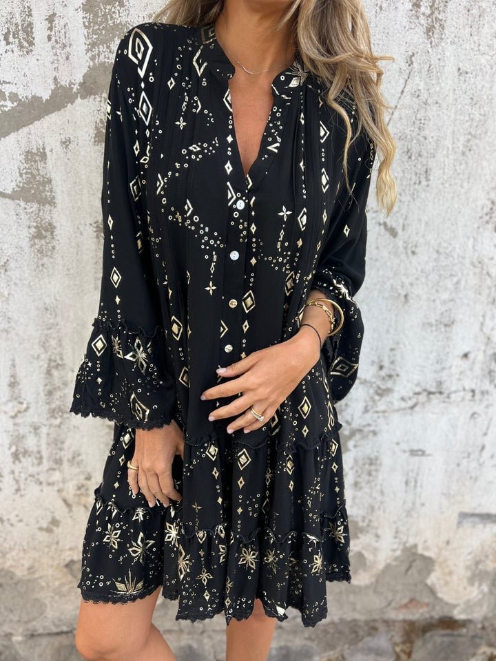 Dames Boho Jurk V-hals Gelaagde Mini-jurk Lange Mouwen - Black
