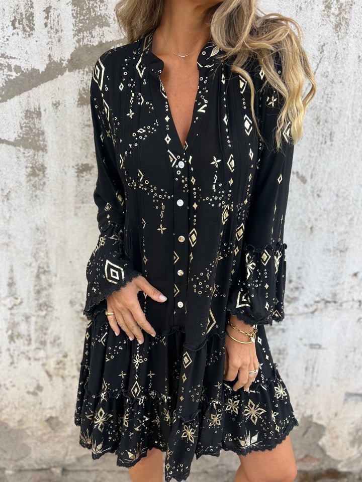 Dames Boho Jurk V-hals Gelaagde Mini-jurk Lange Mouwen
