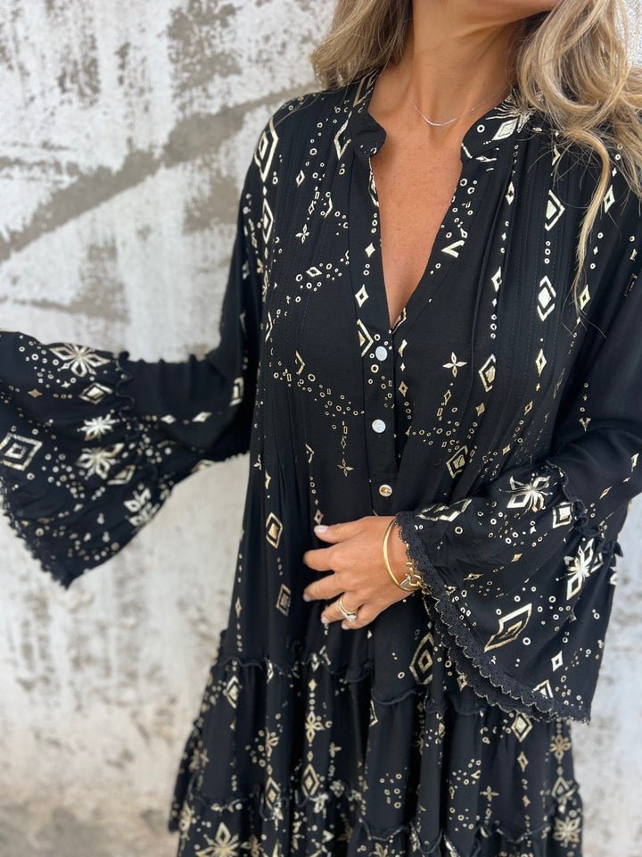 Dames Boho Jurk V-hals Gelaagde Mini-jurk Lange Mouwen