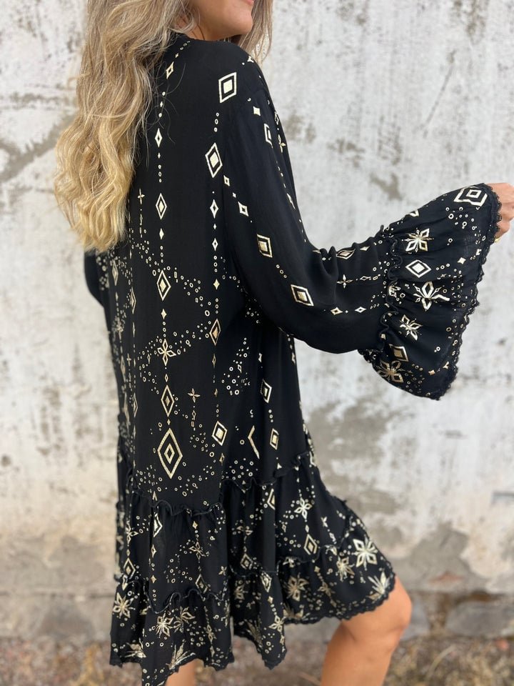 Dames Boho Jurk V-hals Gelaagde Mini-jurk Lange Mouwen