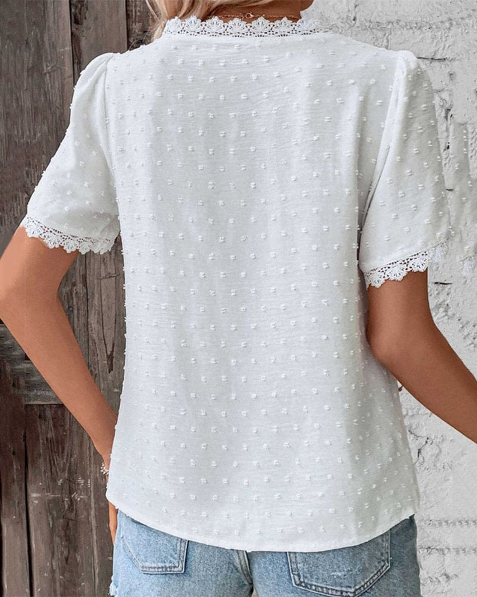 Dames Boho Kanten V-hals Swiss Dot Blouse