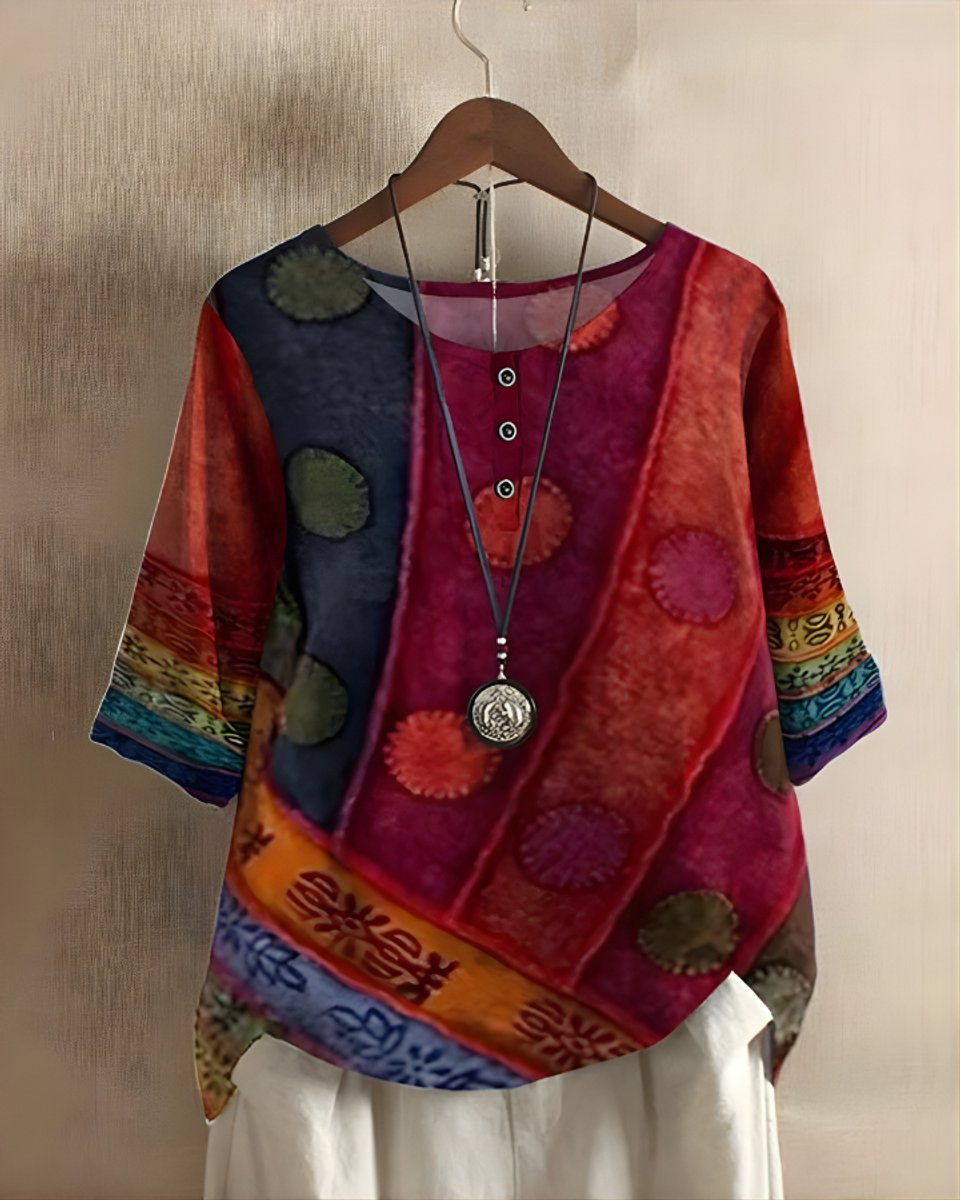 Dames Boho Korte Mouw Top Etnische Print Knoop - Rood