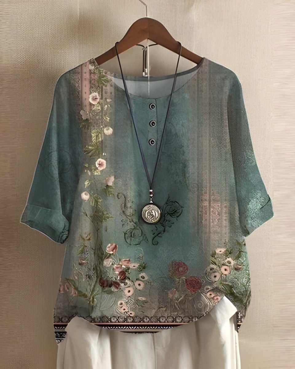 Dames Boho Korte Mouw Top Etnische Print Knoop - Groen