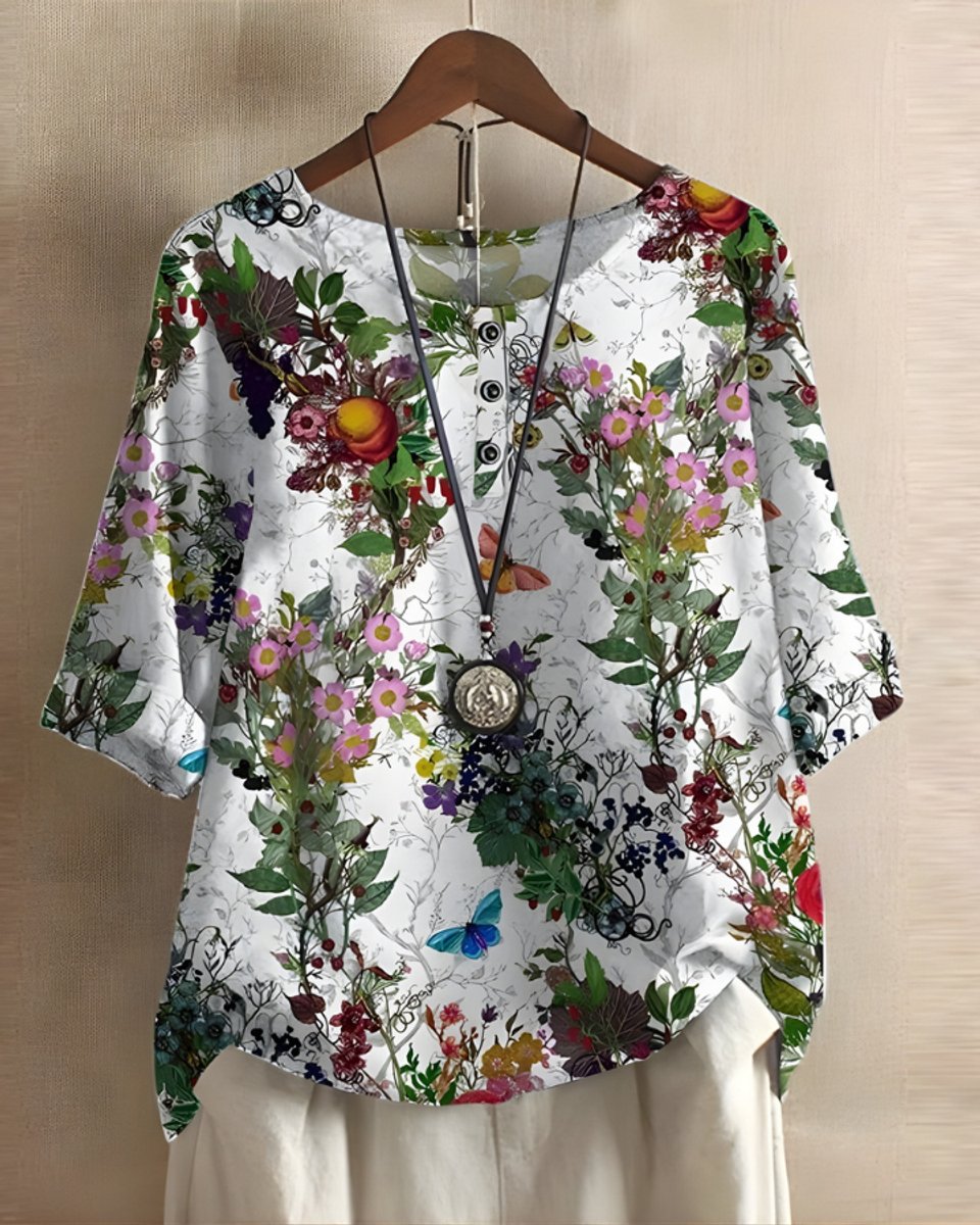 Dames Boho Korte Mouw Top Etnische Print Knoop - Witte Bloemen