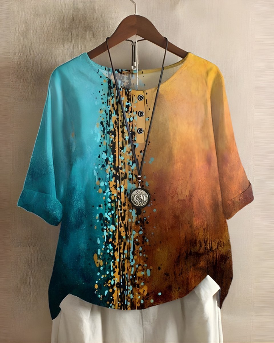 Dames Boho Korte Mouw Top Etnische Print Knoop - Blauw/Oranje