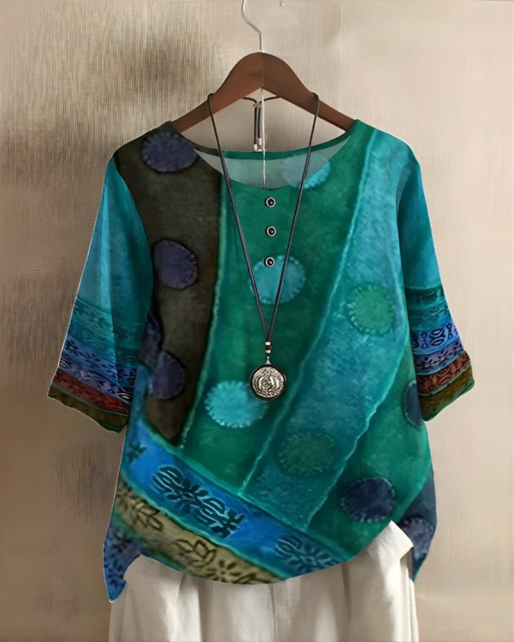 Dames Boho Korte Mouw Top Etnische Print Knoop - Blauw/Groen