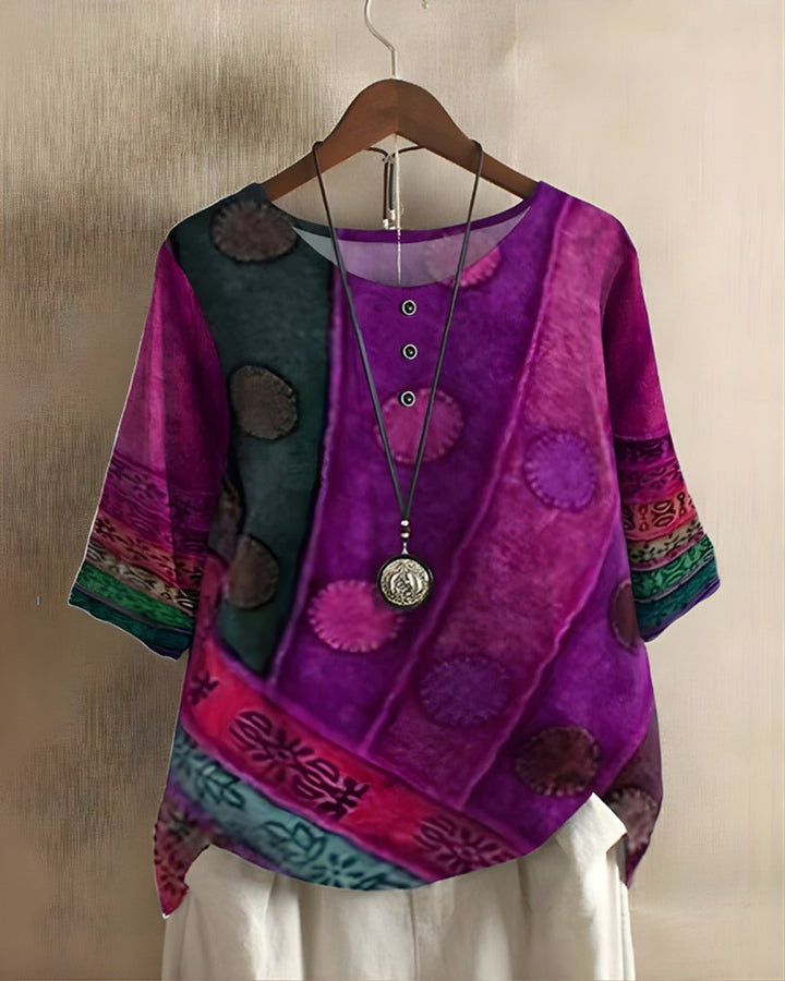 Dames Boho Korte Mouw Top Etnische Print Knoop - Lila