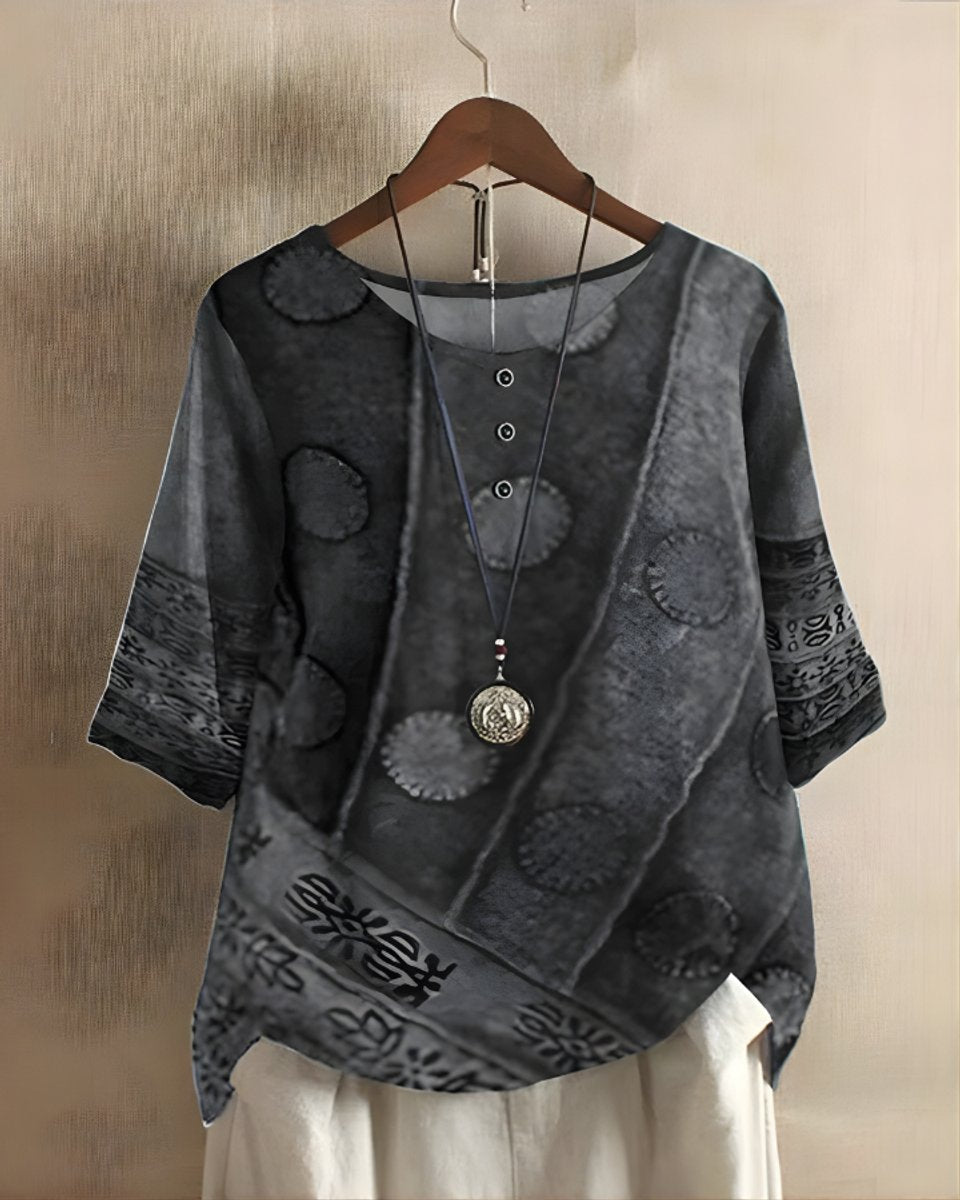 Dames Boho Korte Mouw Top Etnische Print Knoop - Grijs