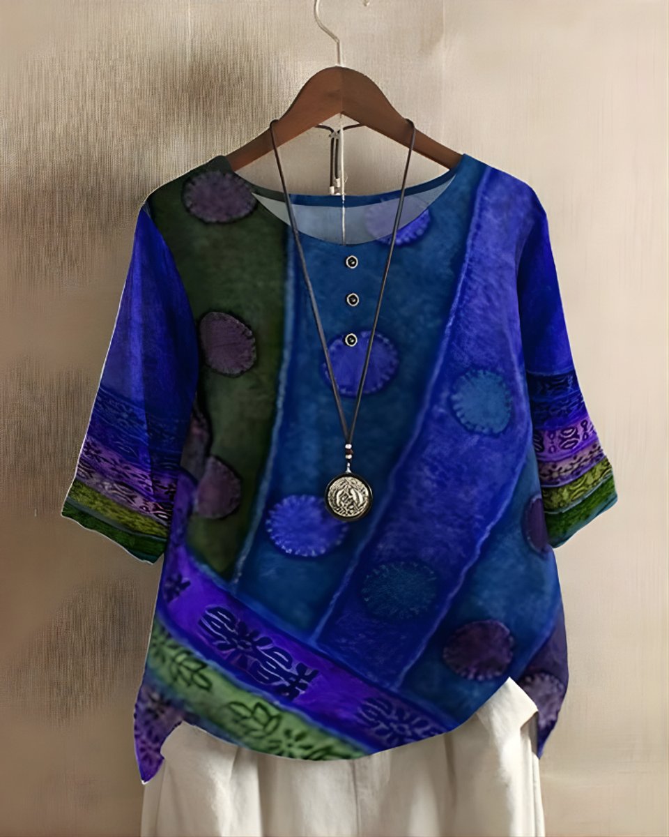 Dames Boho Korte Mouw Top Etnische Print Knoop - Blauw/Paars
