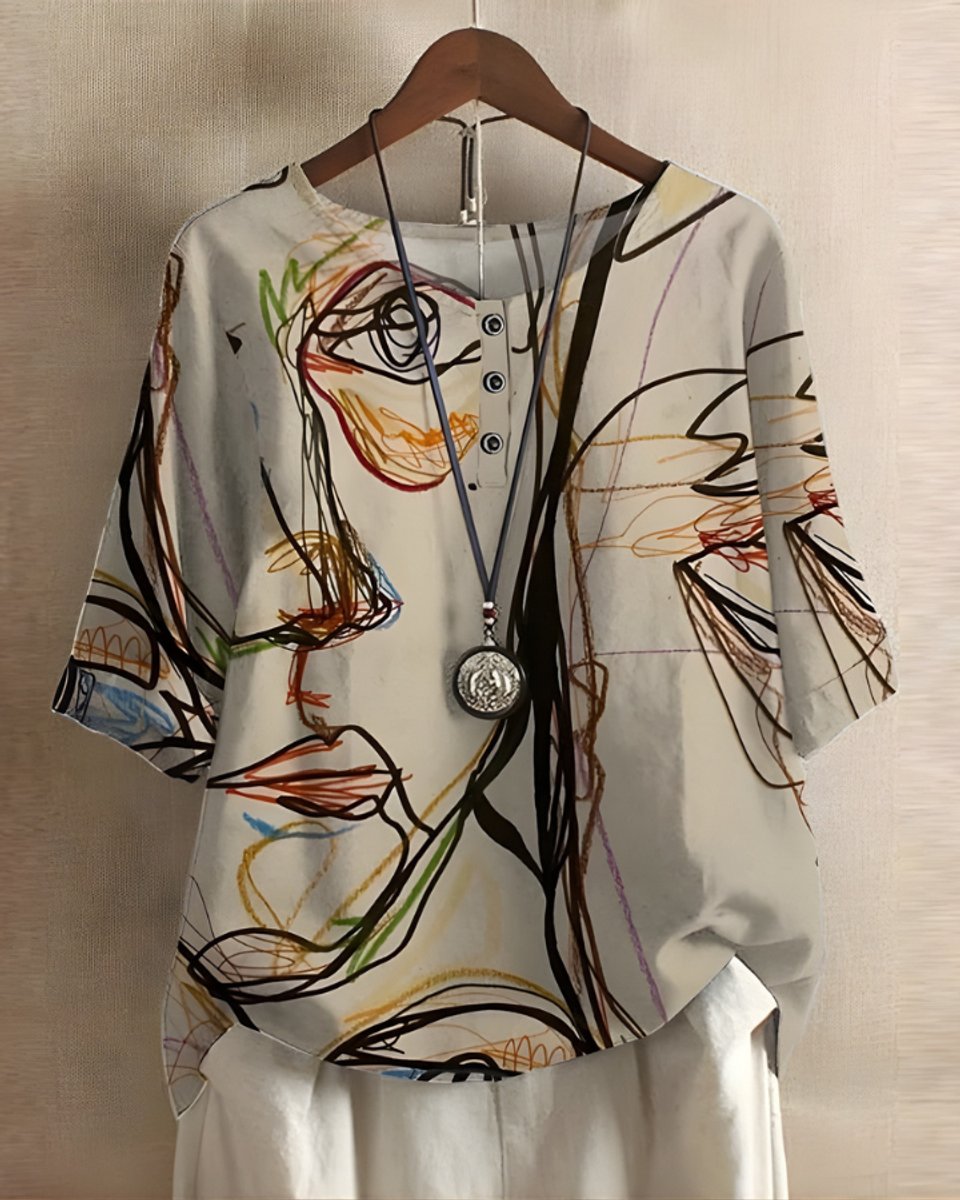 Dames Boho Korte Mouw Top Etnische Print Knoop - Beige