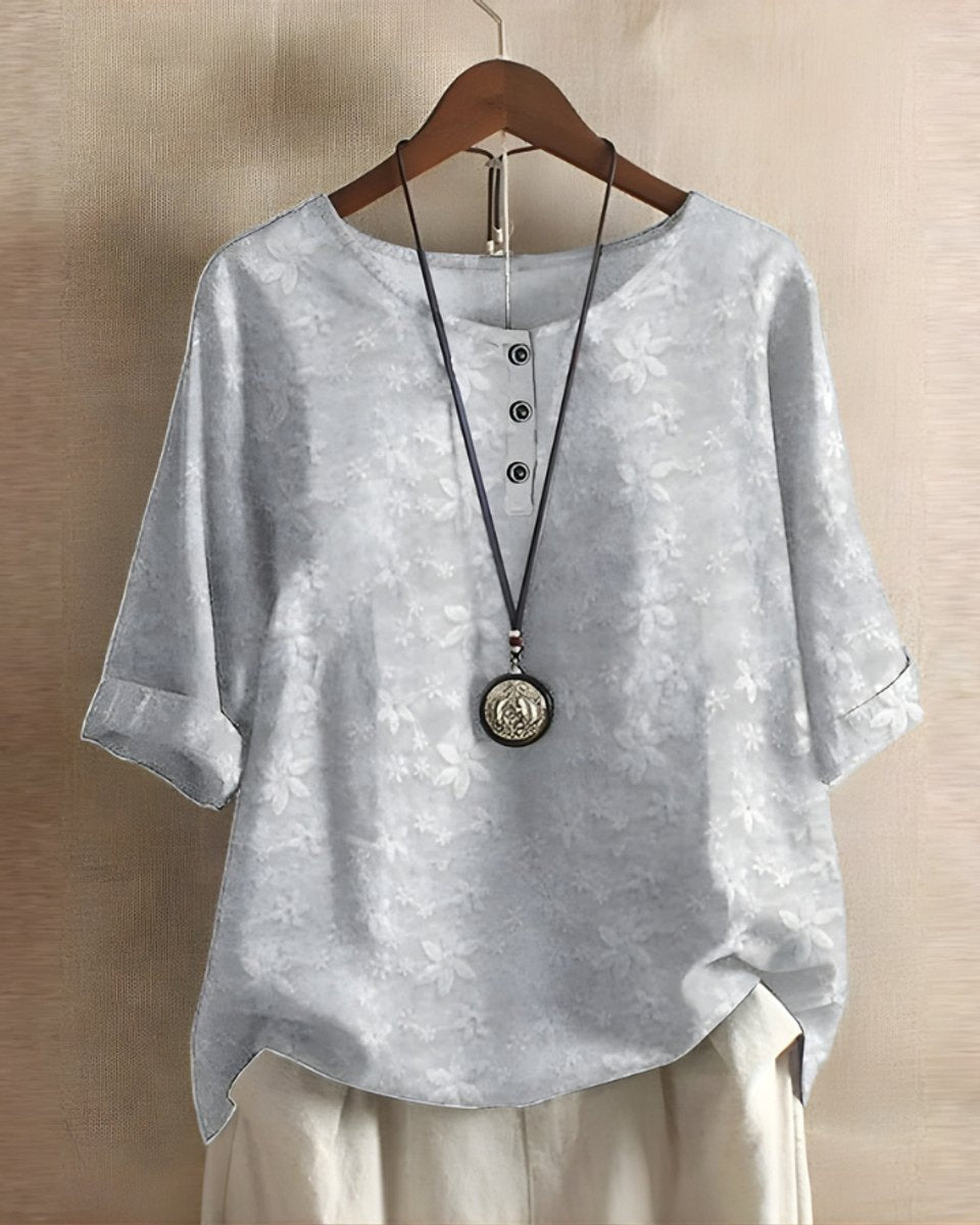 Dames Boho Korte Mouw Top Etnische Print Knoop - Lichtgrijs