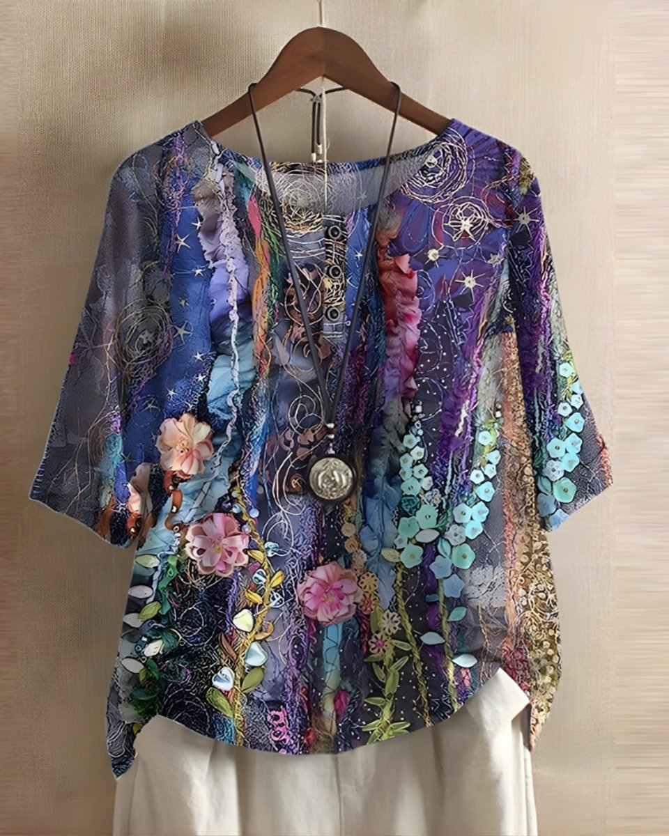 Dames Boho Korte Mouw Top Etnische Print Knoop - Paars