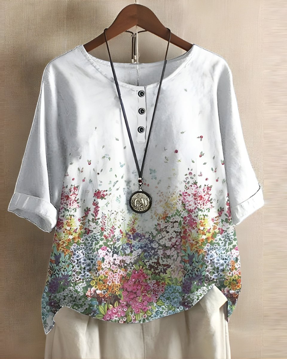 Dames Boho Korte Mouw Top Etnische Print Knoop - Wit