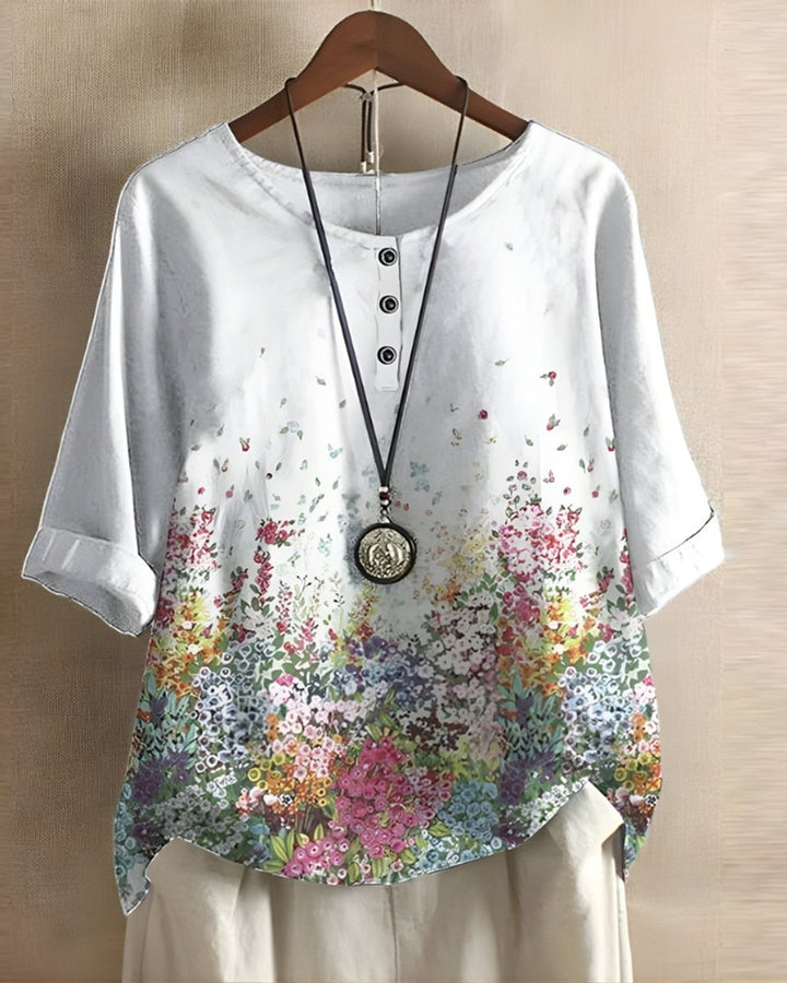 Dames Boho Korte Mouw Top Etnische Print Knoop - Wit