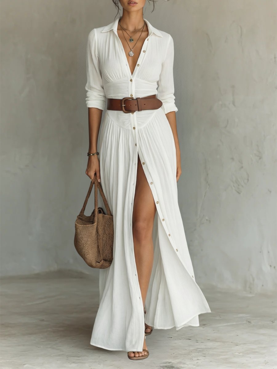 Dames Boho Maxi Blousejurk met Knopen en Ceintuur - White