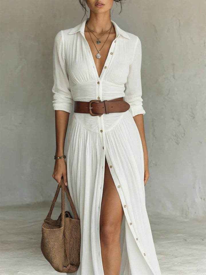 Dames Boho Maxi Blousejurk met Knopen en Ceintuur