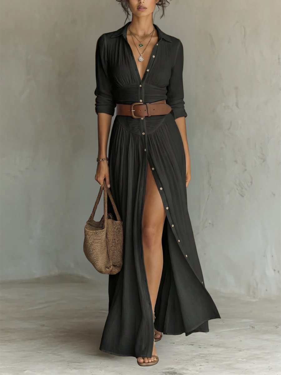 Dames Boho Maxi Blousejurk met Knopen en Ceintuur - Black