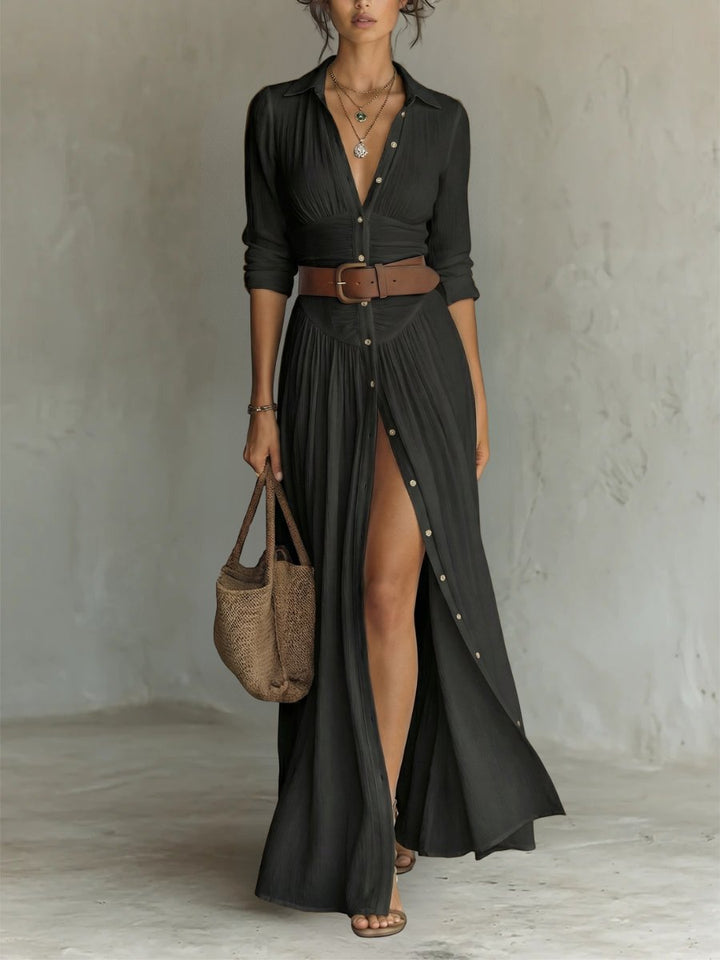 Dames Boho Maxi Blousejurk met Knopen en Ceintuur - Black