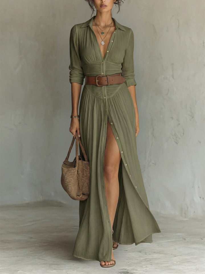 Dames Boho Maxi Blousejurk met Knopen en Ceintuur - Green