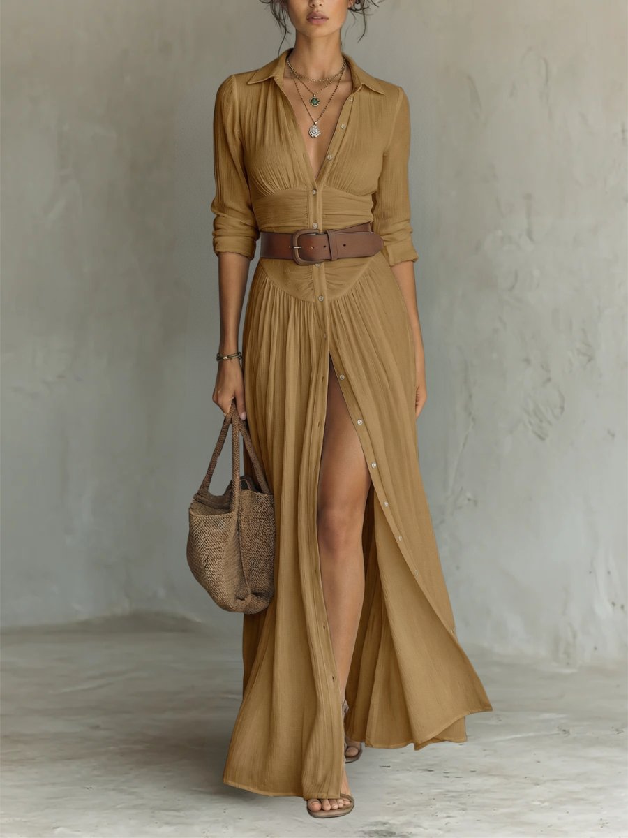 Dames Boho Maxi Blousejurk met Knopen en Ceintuur - Brown