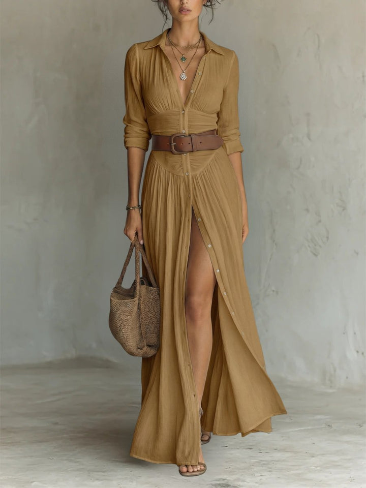 Dames Boho Maxi Blousejurk met Knopen en Ceintuur - Brown