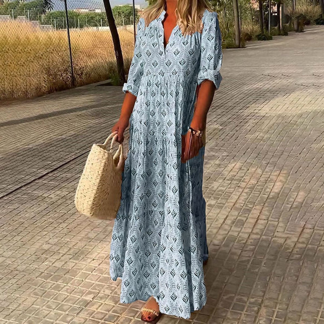 Dames Boho Maxi Cocktailparty Jurk met V-hals en Bloemenprint - Blauw