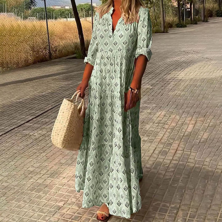 Dames Boho Maxi Cocktailparty Jurk met V-hals en Bloemenprint - Groen