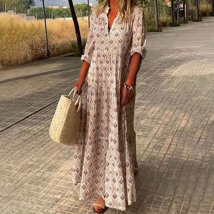 Dames Boho Maxi Cocktailparty Jurk met V-hals en Bloemenprint - Roze
