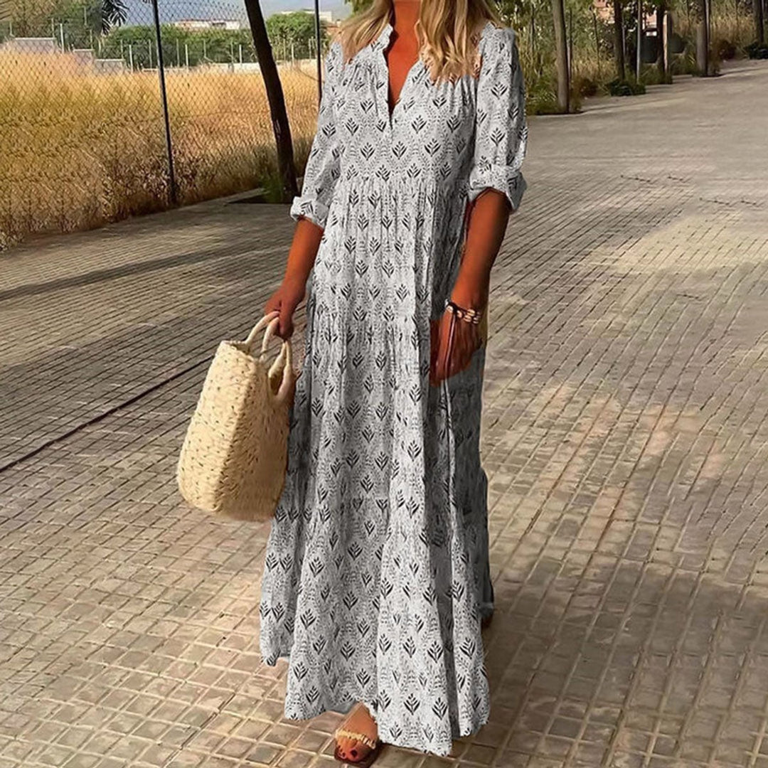 Dames Boho Maxi Cocktailparty Jurk met V-hals en Bloemenprint - Grijs