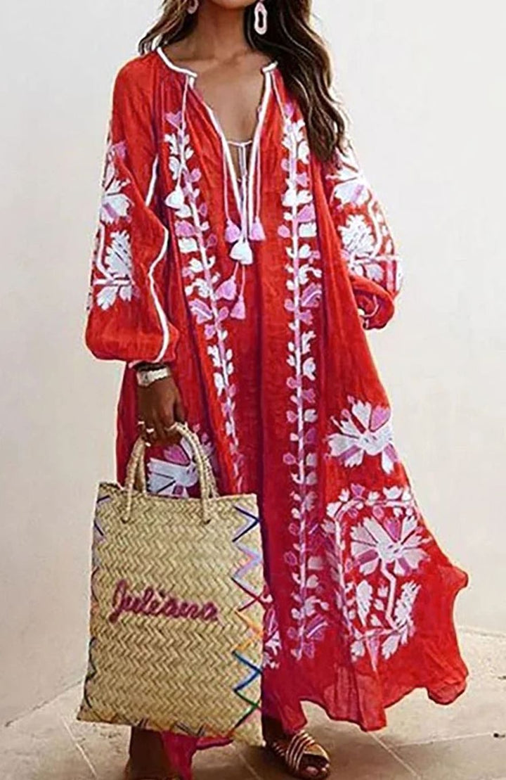Dames Boho Maxi Jurk Lange Mouwen Bloemenprint Ruimvallend - Rood