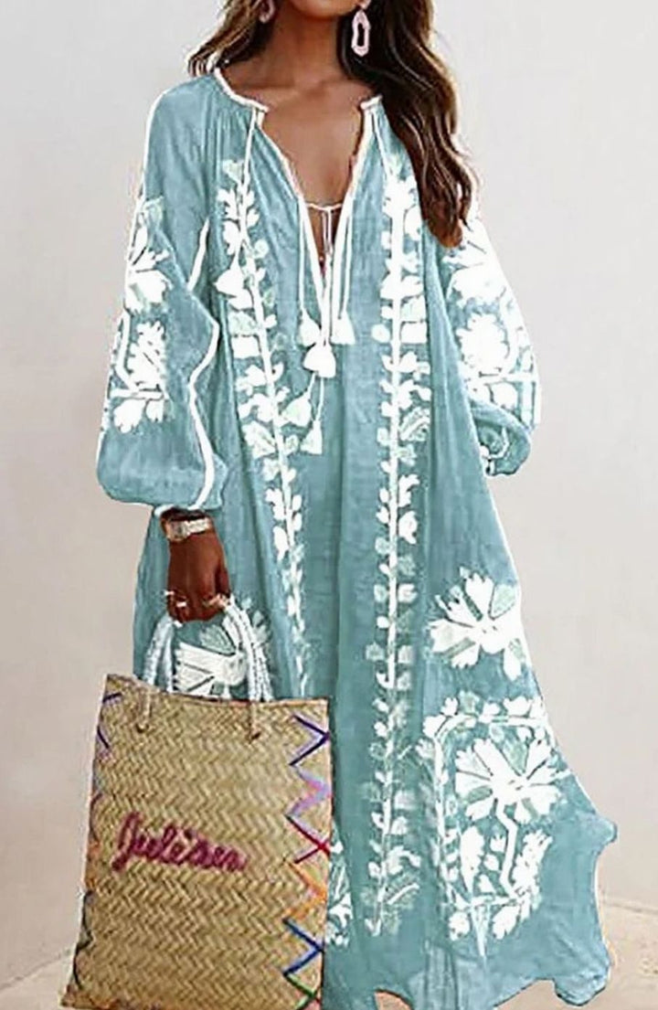 Dames Boho Maxi Jurk Lange Mouwen Bloemenprint Ruimvallend - Lichtblauw