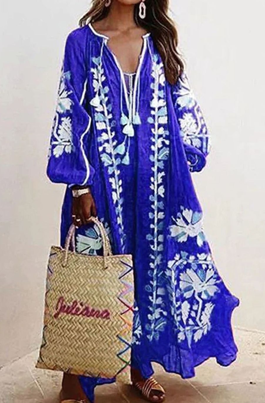 Dames Boho Maxi Jurk Lange Mouwen Bloemenprint Ruimvallend - Blauw