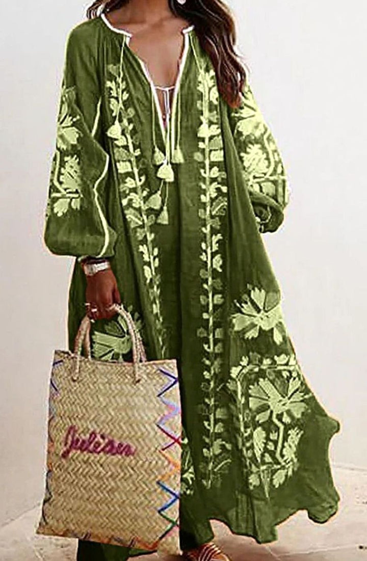 Dames Boho Maxi Jurk Lange Mouwen Bloemenprint Ruimvallend - Groen