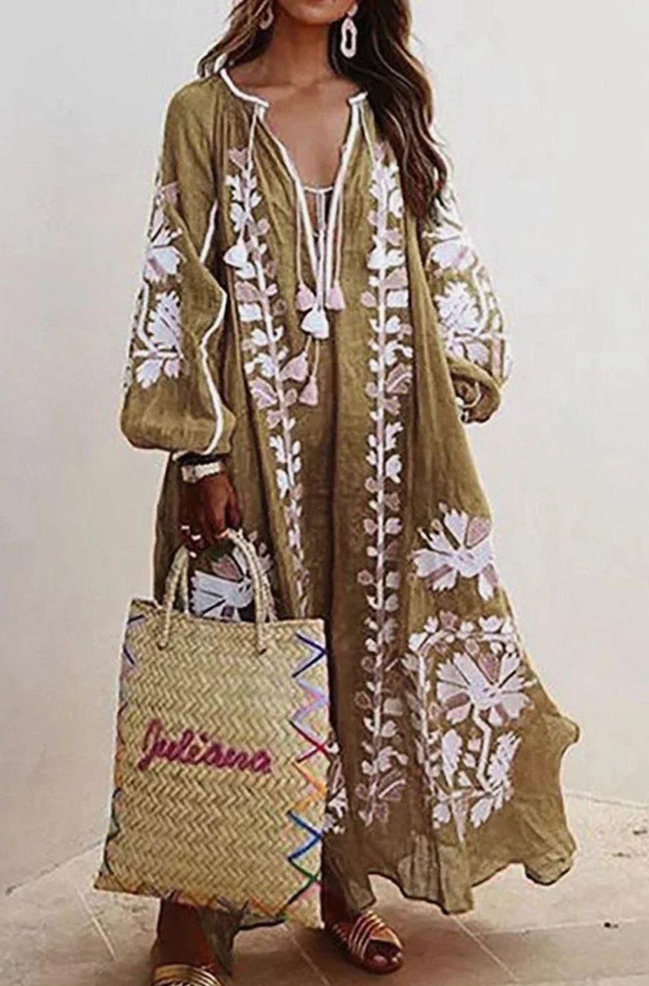Dames Boho Maxi Jurk Lange Mouwen Bloemenprint Ruimvallend - Kaki