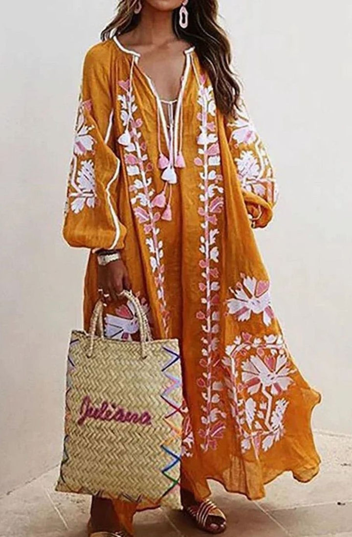 Dames Boho Maxi Jurk Lange Mouwen Bloemenprint Ruimvallend - Oranje