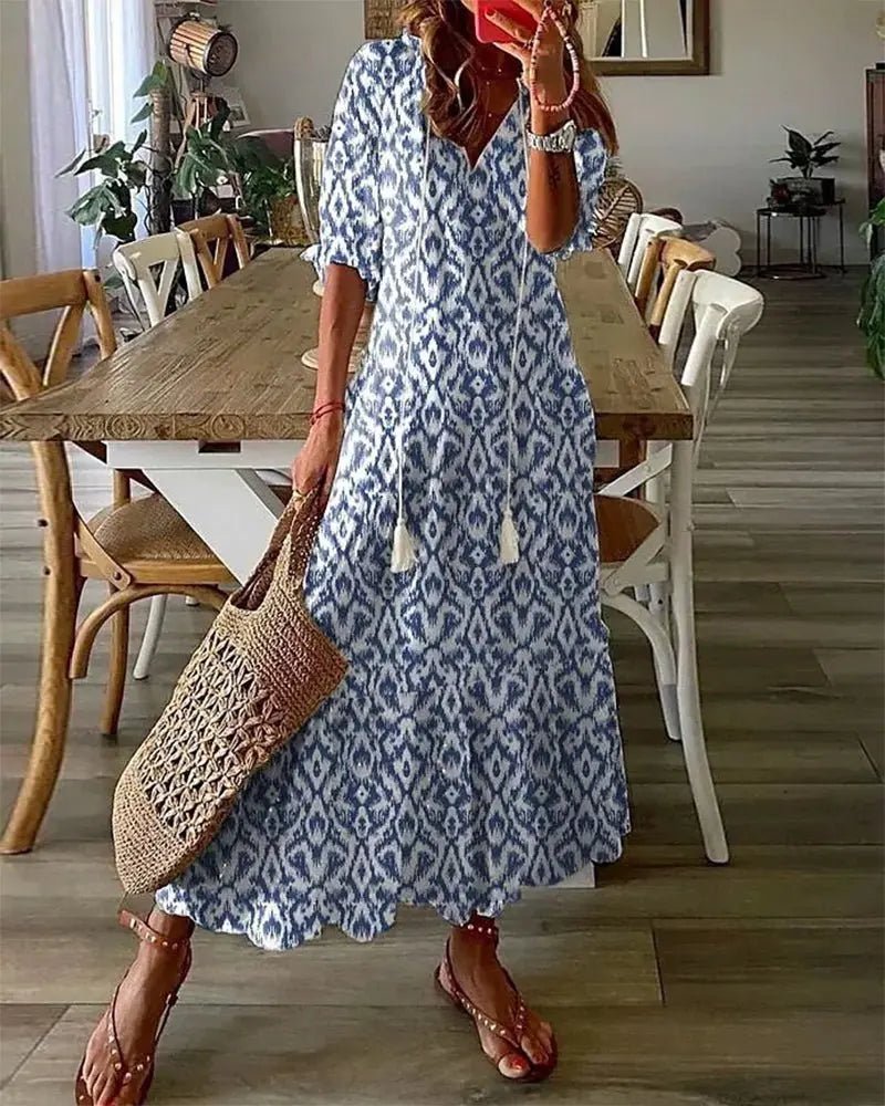 Dames Boho Maxi-jurk V-hals Geometrische Print - Blue