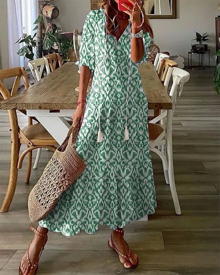 Dames Boho Maxi-jurk V-hals Geometrische Print - Green