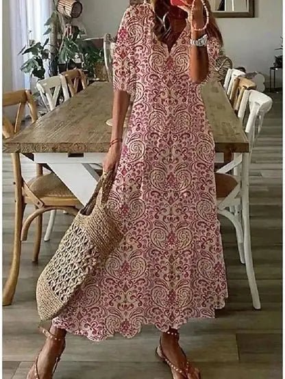 Dames Boho Maxi-jurk V-hals Geometrische Print - Red