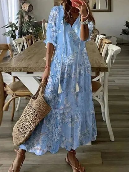 Dames Boho Maxi-jurk V-hals Geometrische Print - Light Blue
