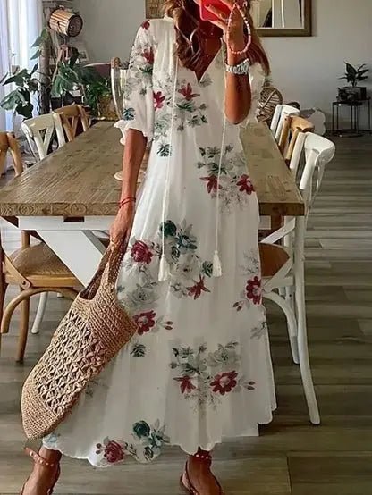 Dames Boho Maxi-jurk V-hals Geometrische Print - White