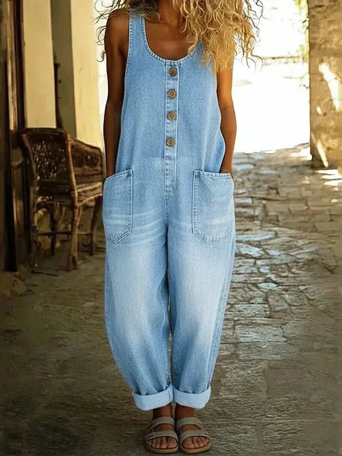 Dames Boho Mouwloze Spijker Overall Jumpsuit - Light Blue